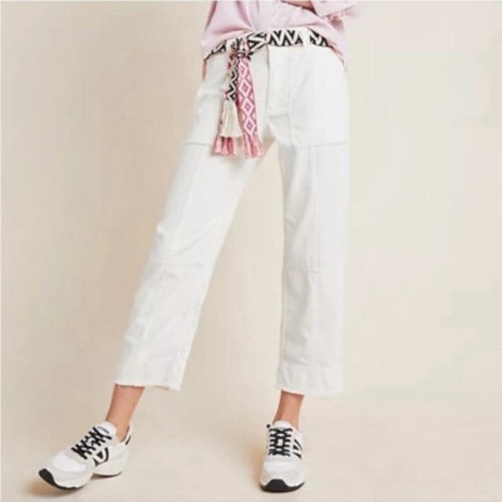Anthropologie White Cargo Utility Cropped Pants Women’s Size 27 Frayed Hem